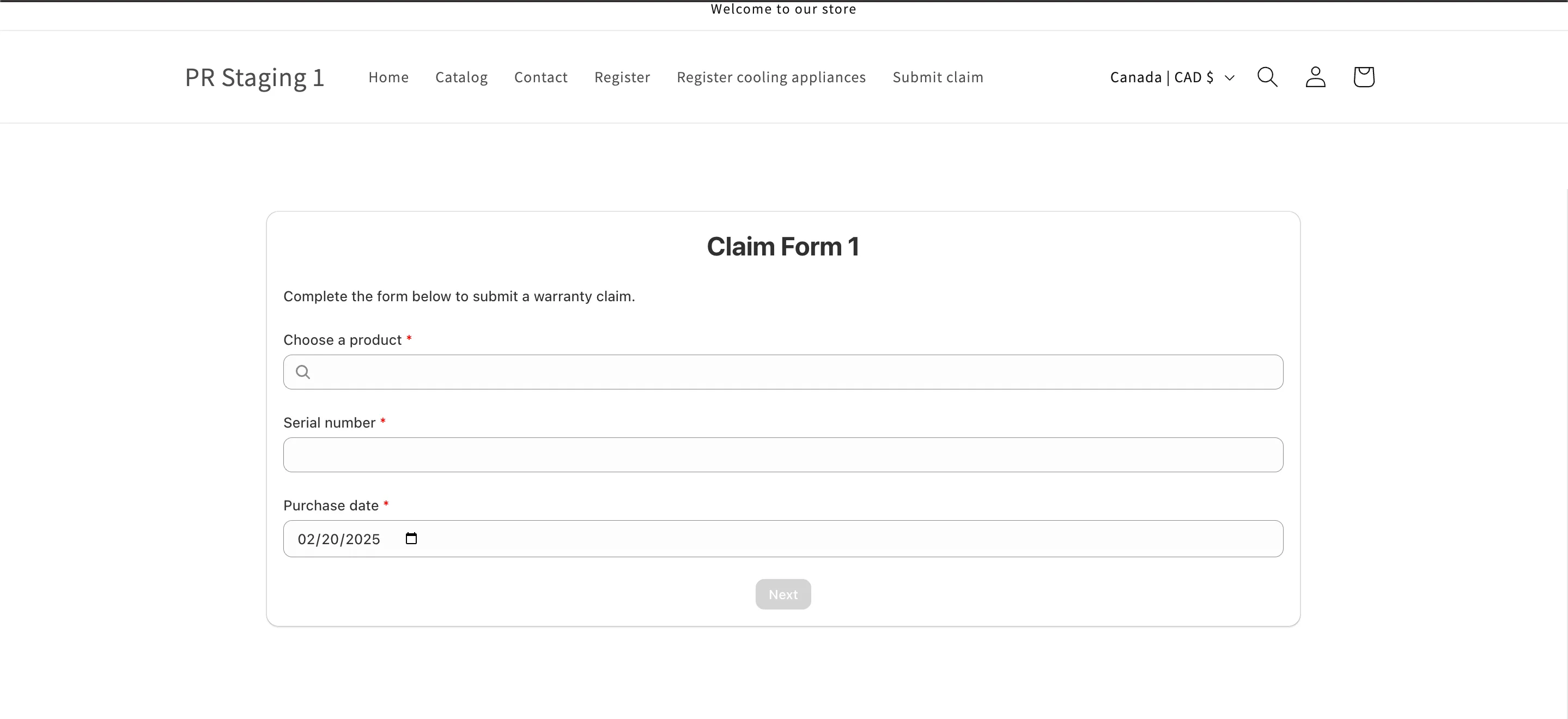 Claims form opened from the menu link