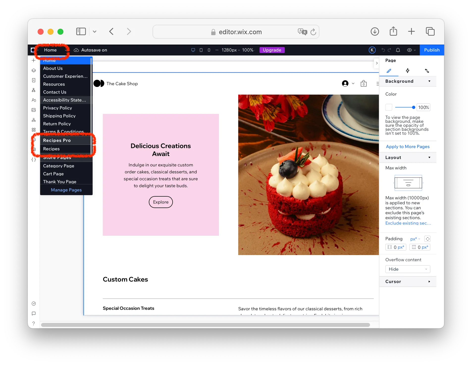 Recipes Pro widget in the Wix Editor
