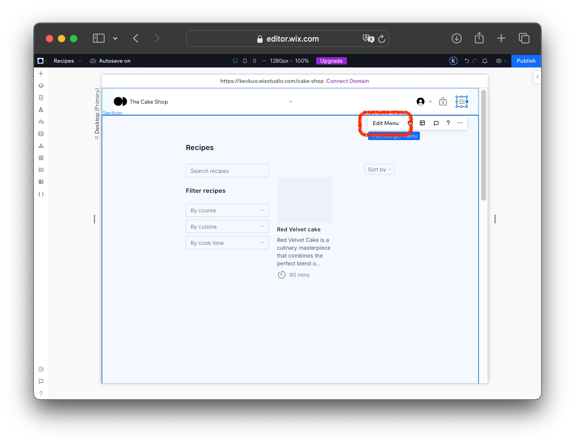 Edit menu option in Wix