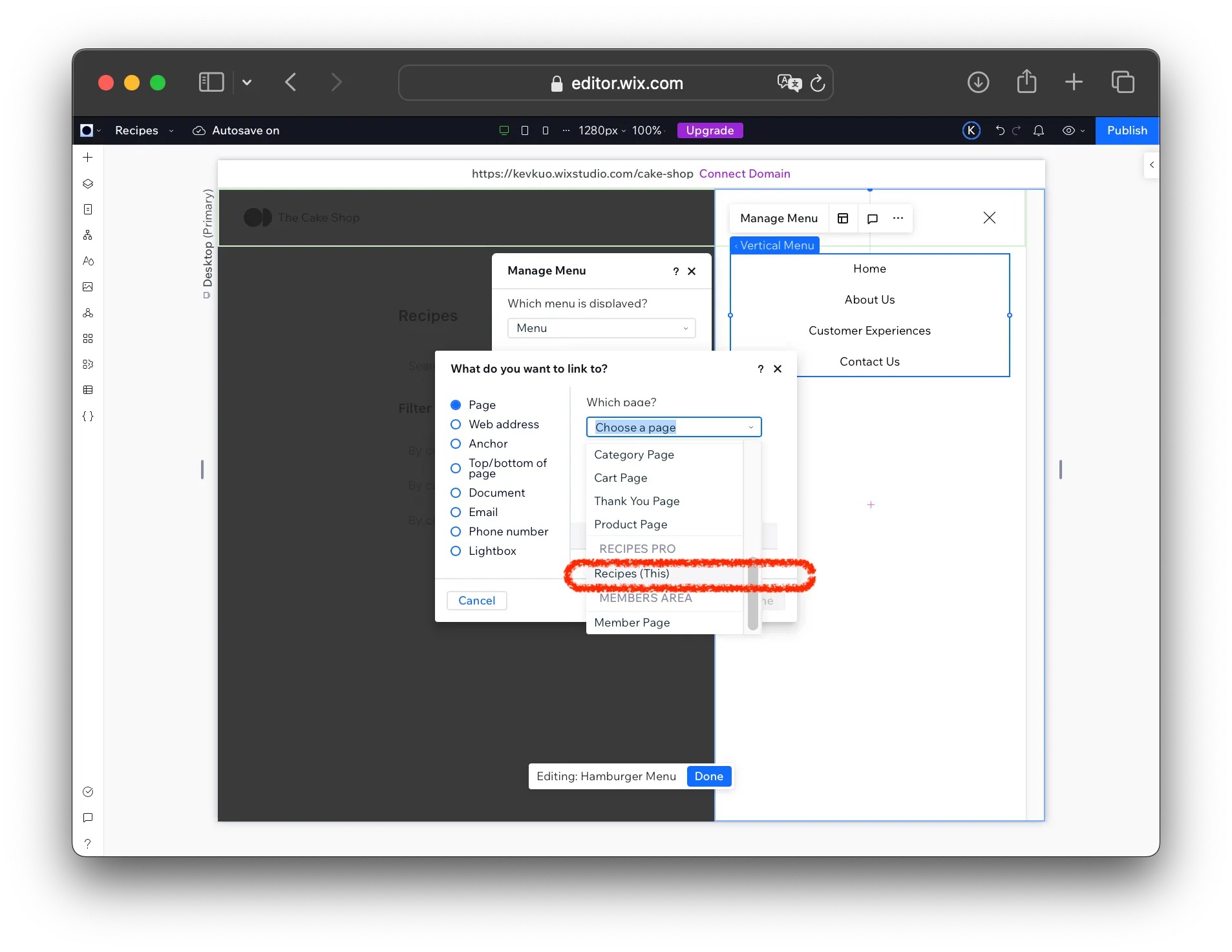 Page selection dropdown