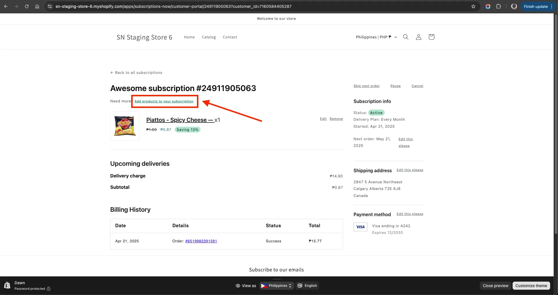 Add product to subscription link in the customer portal