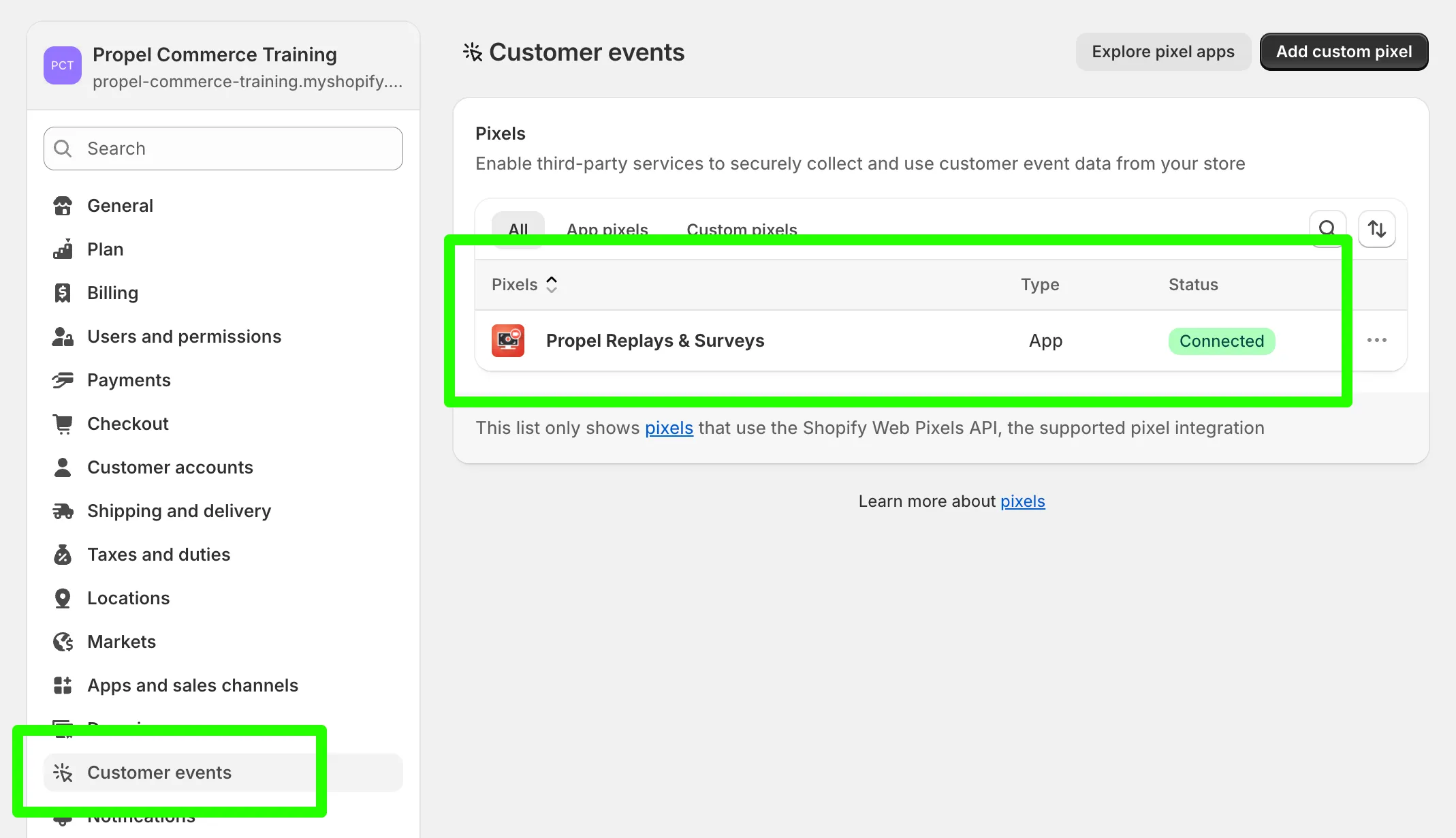 Propel web pixel status verification in Shopify settings