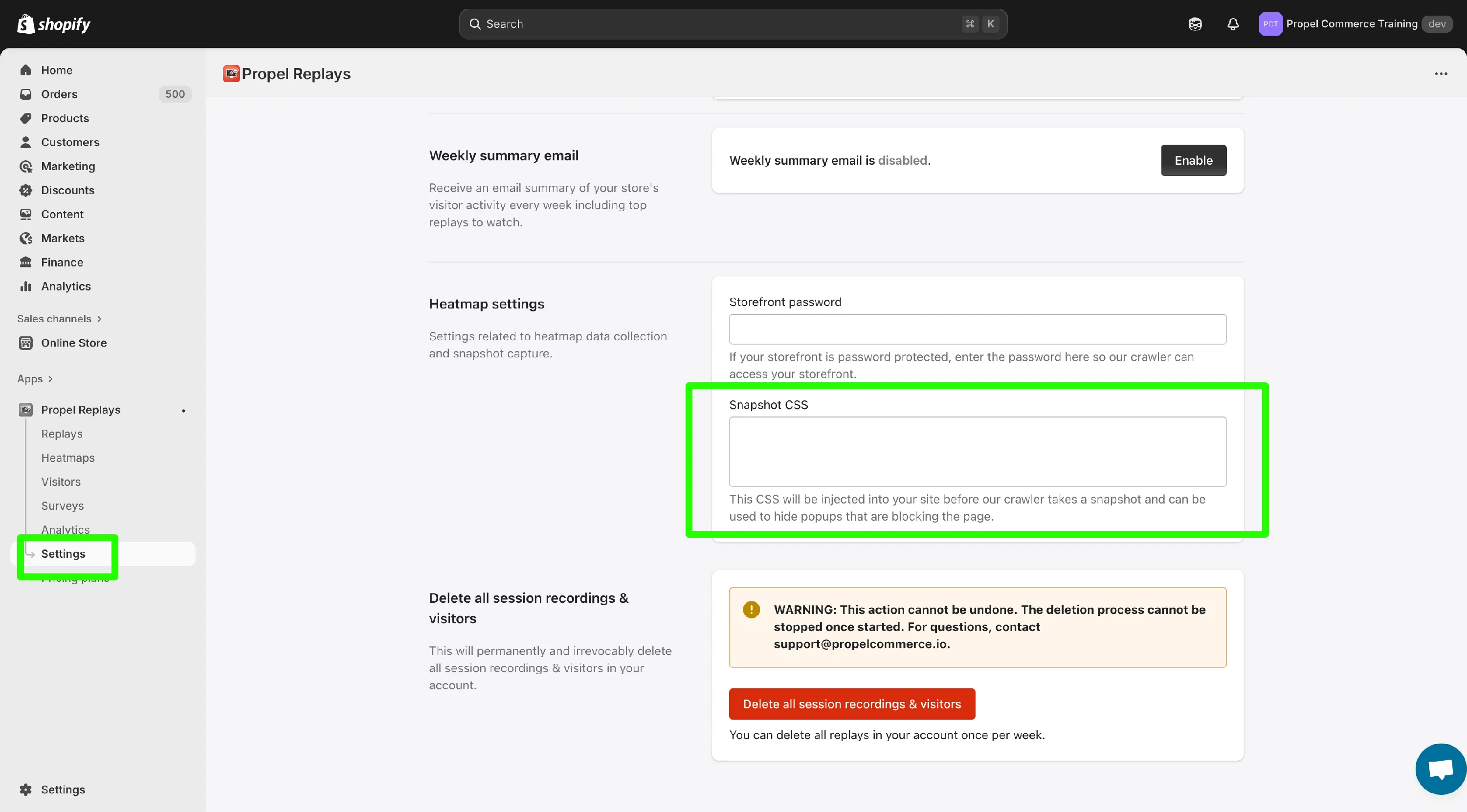 Settings interface showing Snapshot CSS option with CSS code to hide popups