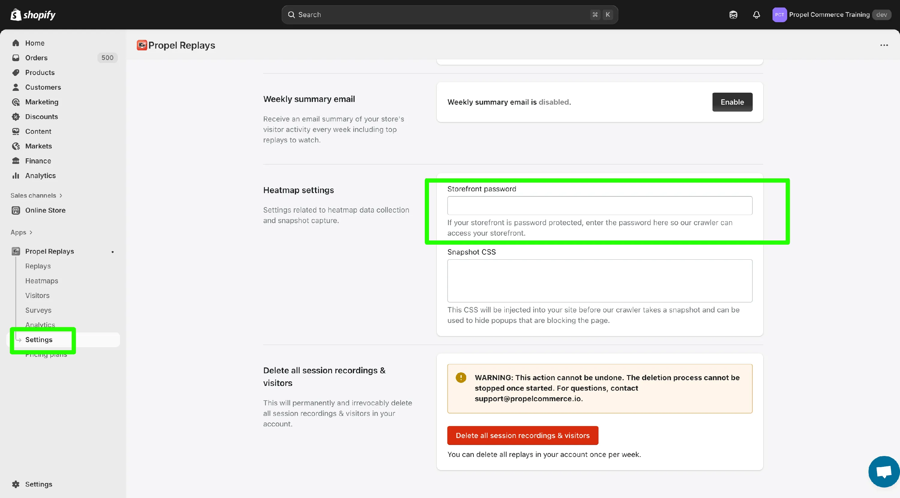 Storefront password settings interface