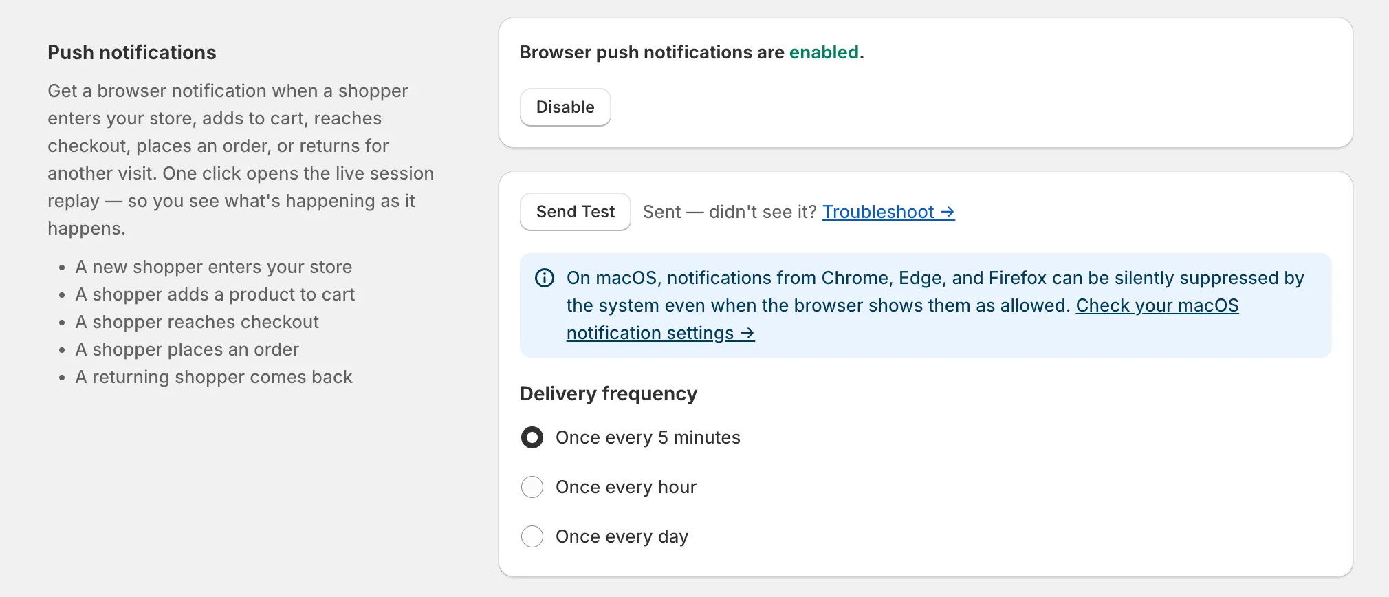 The Push notifications section of the Settings page, showing browser notifications enabled, a Send Test button, a macOS suppression notice, and delivery-frequency options